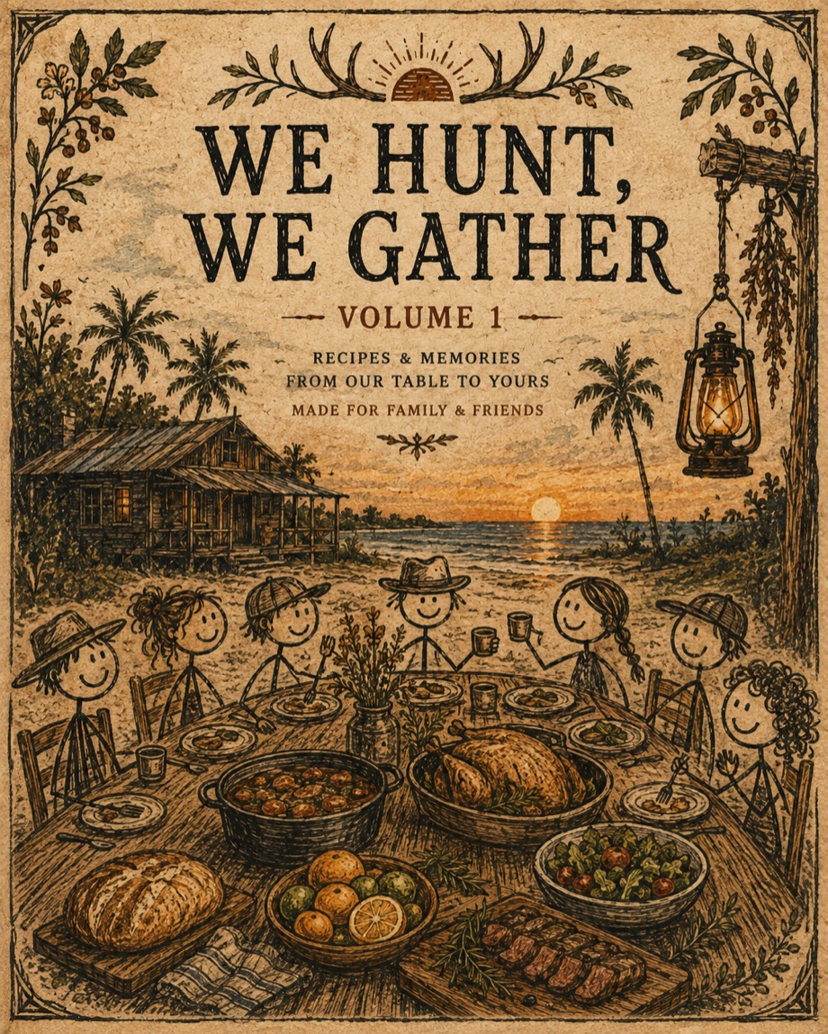 Etched cover of We Hunt, We Gather Volume 1, recipes and memories from our table to yours: eight friends drawn as smiling stick figures around a long table on the beach at sundown, a cabin and palms behind them, a lantern hanging from a post, and the table loaded with a roast bird, a stew, bread, citrus, salad, and sliced steak.