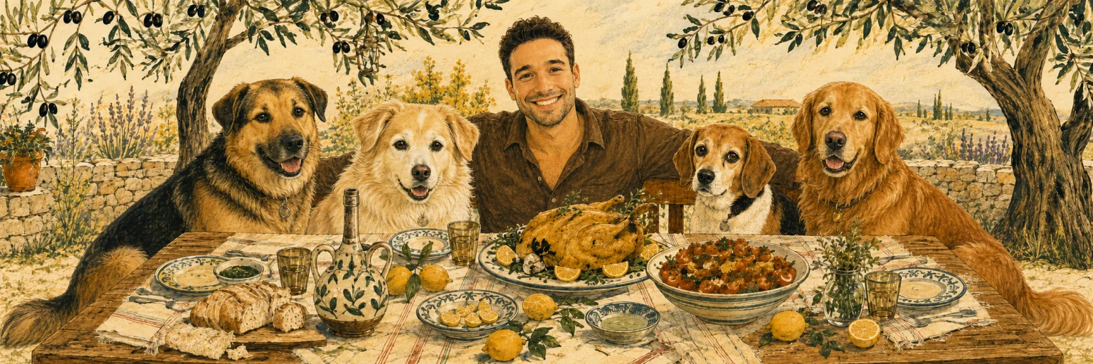 Rustic illustration of Joey and his four dogs gathered around a wooden table with roast chicken, salad, bread, and lemons beneath olive trees.